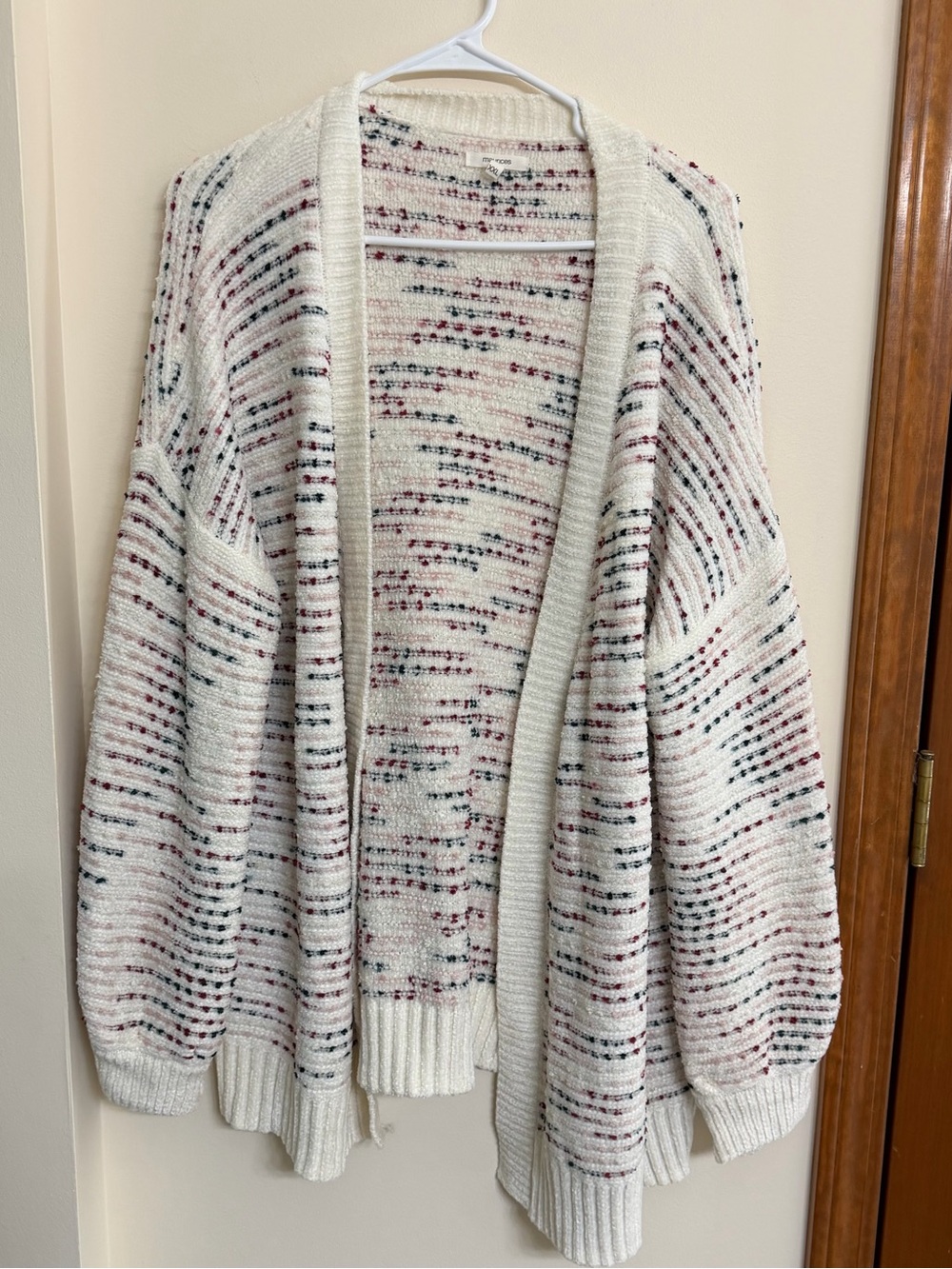 Maurices Cream Open-Front Cardigan with Pink and Black Speckles